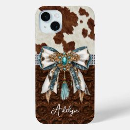 Funda Para iPhone 15 Mini Cuero Marrón de Vaca Cuero con Lazo con Joyas
