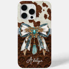 Funda Para iPhone 15 Pro Max Cuero Marrón de Vaqueta con Lazo con Joyas