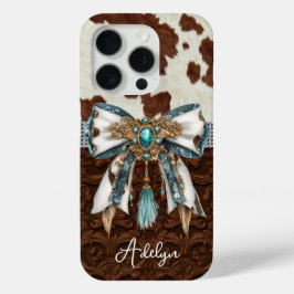 Funda Para iPhone 15 Pro Cuero Marrón de Vaqueta con Lazo con Joyas