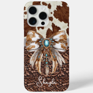 Funda Para iPhone 15 Pro Max Cuero Marrón de Vaqueta Joyas Arco Monogramado