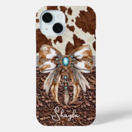 Funda Para iPhone 15 Cuero Marrón de Vaqueta Joyas con Lazo Monogramado