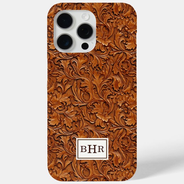 Funda De Case-Mate Para iPhone Cuero Marrón Grabado Monogramado (Reverso )