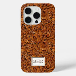 Funda Para iPhone 15 Pro Cuero Marrón Grabado Monogramado