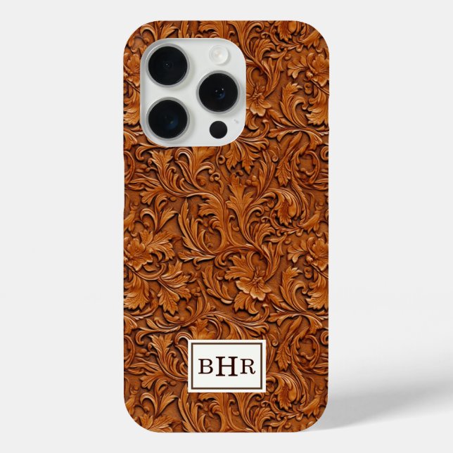 Funda De Case-Mate Para iPhone Cuero Marrón Grabado Monogramado (Reverso )