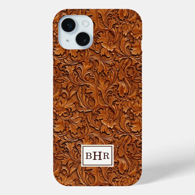 Funda De Case-Mate Para iPhone Cuero Marrón Grabado Monogramado (Reverso )
