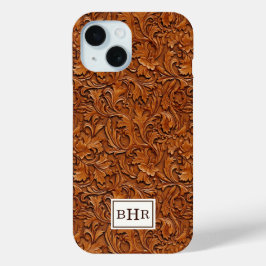 Funda Para iPhone 15 Cuero Marrón Grabado Monogramado