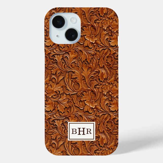 Funda De Case-Mate Para iPhone Cuero Marrón Grabado Monogramado (Reverso )