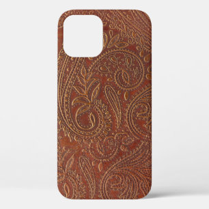 Funda Para iPhone 12 Cuero marrón, patrón floral instrumentado.