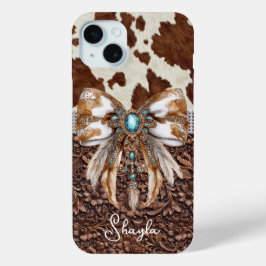 Funda Para iPhone 15 Mini Cuero Marrón Vaqueta Joyas Lazo Monogramado