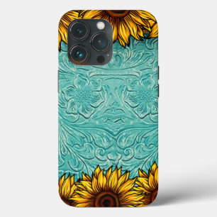 Funda Para iPhone 13 Pro Cuero turquesa con girasoles brillantes y soleados