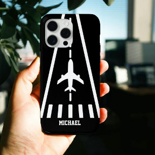 Funda Para iPhone 15 Pro Max Cumpleaños Avión Aterrizaje Pista Blanco y Negro