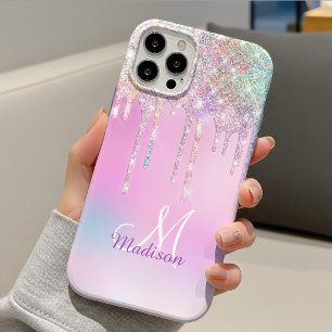 Funda Para iPhone 13 Cunicornio rosa lindo arcoíris brillo gotea monogr