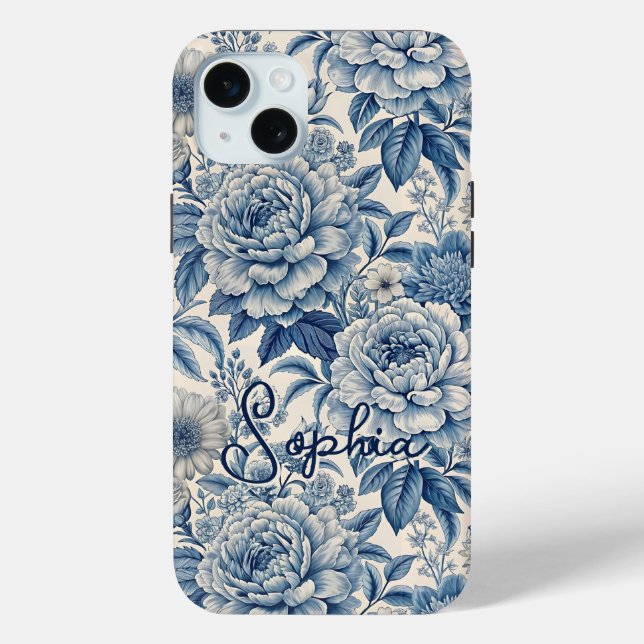 Funda De Case-Mate Para iPhone Custom Elegant Boho Chic Blue Blossom (Reverso )