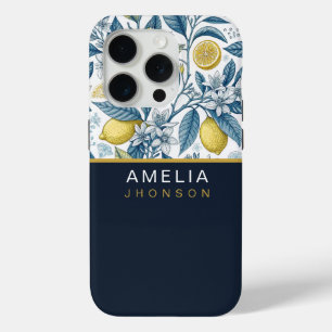 Funda Para iPhone 15 Pro Custom Elegant Mediterranean Lemon Botanical Navy