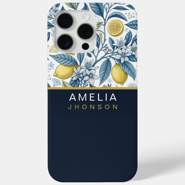 Funda De Case-Mate Para iPhone Custom Elegant Mediterranean Lemon Botanical Navy (Reverso )