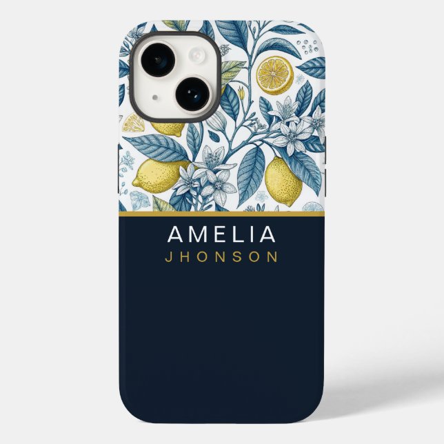 Funda De Case-Mate Para iPhone Custom Elegant Mediterranean Lemon Botanical Navy (Reverso )