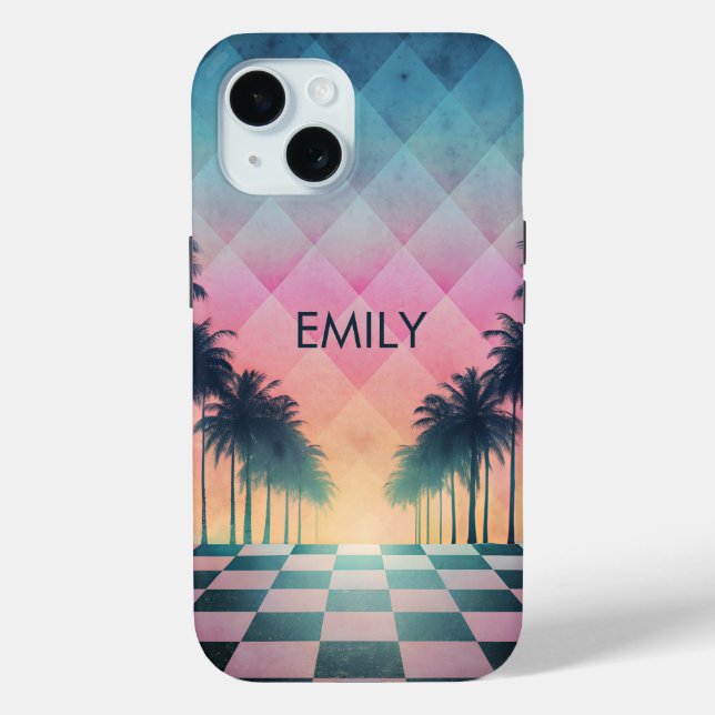 Funda De Case-Mate Para iPhone Custom Name Retro Synthwave Sunset Palm Trees (Reverso )