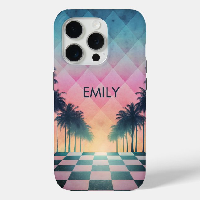 Funda De Case-Mate Para iPhone Custom Name Retro Synthwave Sunset Palm Trees (Reverso )