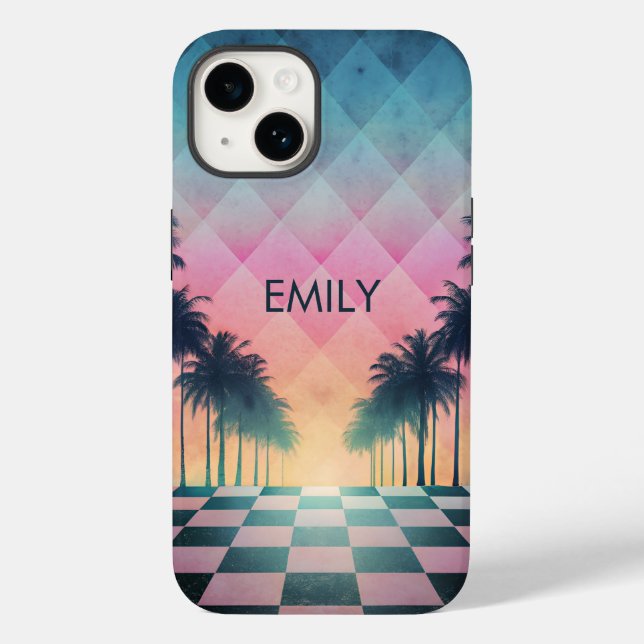 Funda De Case-Mate Para iPhone Custom Name Retro Synthwave Sunset Palm Trees (Reverso )