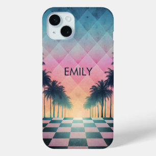 Funda Para iPhone 15 Mini Custom Name Retro Synthwave Sunset Palm Trees