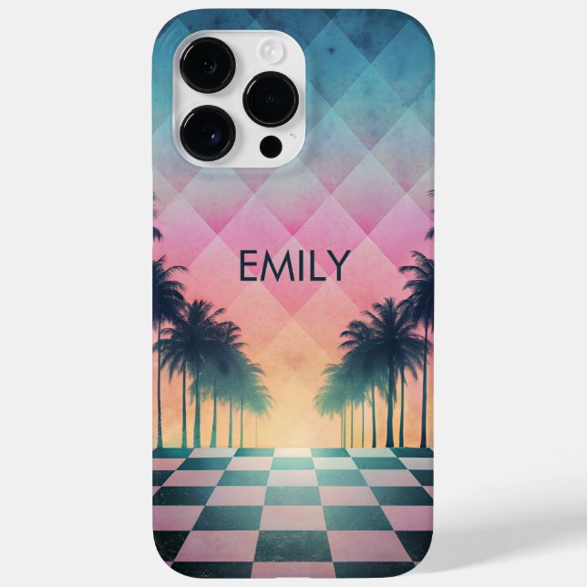 Funda De Case-Mate Para iPhone Custom Name Retro Synthwave Sunset Palm Trees (Reverso)