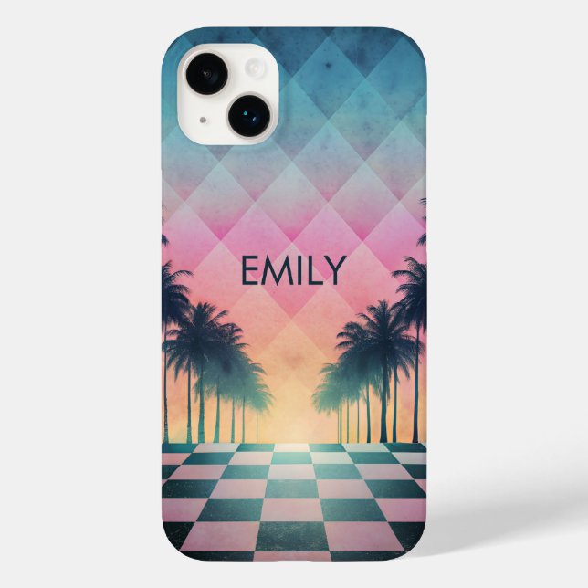 Funda De Case-Mate Para iPhone Custom Name Retro Synthwave Sunset Palm Trees (Reverso )