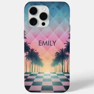 Funda Para iPhone 15 Pro Max Custom Name Retro Synthwave Sunset Palm Trees
