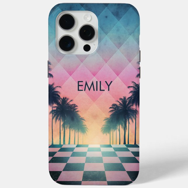 Funda De Case-Mate Para iPhone Custom Name Retro Synthwave Sunset Palm Trees (Reverso )