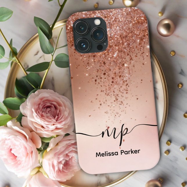 Funda De Case-Mate Para iPhone Custom Rose Gold Glitter Drip Monogram (Subido por el creador)