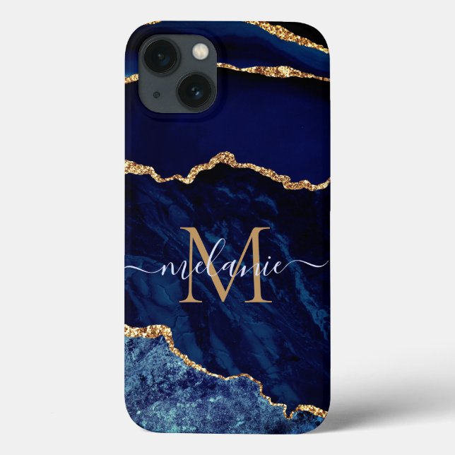 Funda De Case-Mate Para iPhone Custom Your Name Agate Navy Blue Gold Marble (Reverso)