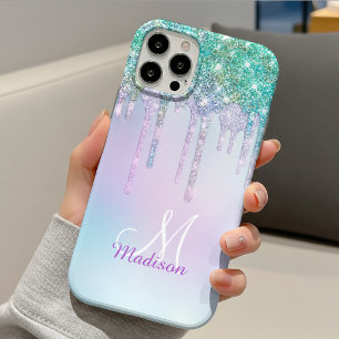 Funda Para iPhone 13 Cute Aqua Turquesa Unicornio Brillo Gotea monogram