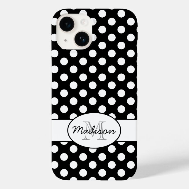 Funda De Case-Mate Para iPhone Cute Black White polka puntos patrón retro Monogra (Reverso )