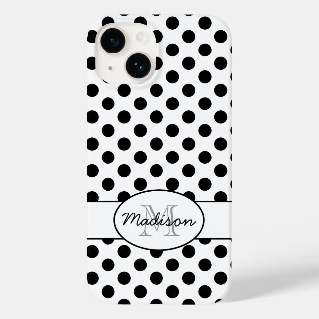 Funda De Case-Mate Para iPhone Cute Black White polka puntos patrón retro Monogra (Reverso )