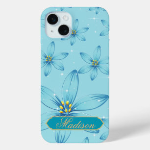Funda Para iPhone 15 Mini Cute boho retro brillante Floral azul personalizad