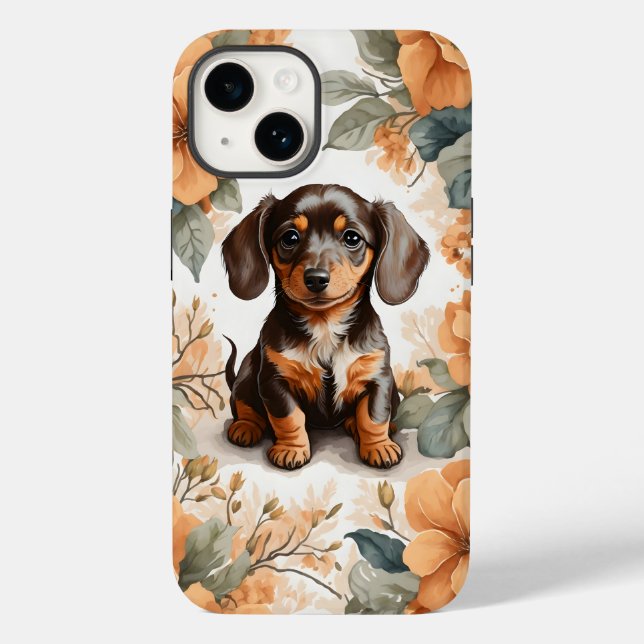Funda De Case-Mate Para iPhone Cute Brown Dachshund Puppy Peach Floral (Reverso )