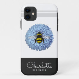 Funda Para iPhone 11 Cute Bumblebee en Flor Azul Añadir tu nombre