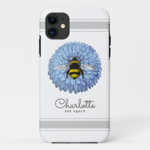 Funda Para iPhone 11 Cute Bumblebee en Flor Azul Añadir tu nombre