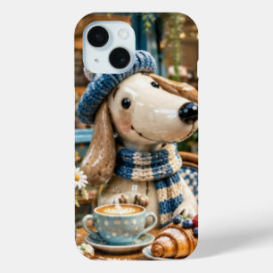 Funda Para iPhone 15 Cute Coffee Shop Puppy Dog in Beanie Hat and Scarf