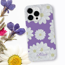 Funda Para iPhone 15 Pro Max Cute Daisies Nombre Patrón de margarita blanca púr