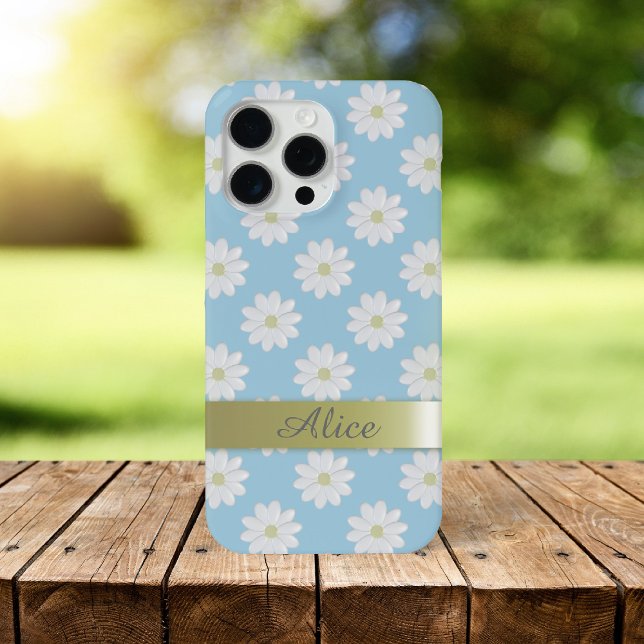 Funda De Case-Mate Para iPhone Cute Daisy Flowers Sky Blue Floral Daisisies (Springtime blue sky and daisy pattern phone case with space for your name)