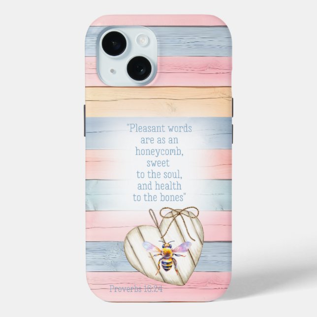 Funda De Case-Mate Para iPhone Cute Faux Pastel Wood Heart Bee Scripture (Reverso )