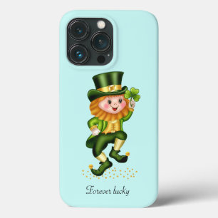 Funda Para iPhone 13 Pro Cute Gnomo Verde Afortunado sobre Azul Turquesa Cl