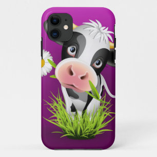 Funda Para iPhone 11 Cute Holstein vaca en la hierba sobre púrpura