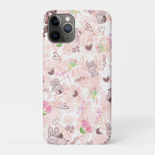Funda Para iPhone 11 Pro Cute Japanese Kawaii Bunny y cuadros rosa gingham