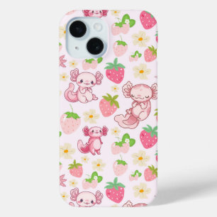 Funda Para iPhone 15 Cute Kawaii Axolotl y patrón continuo de fresa
