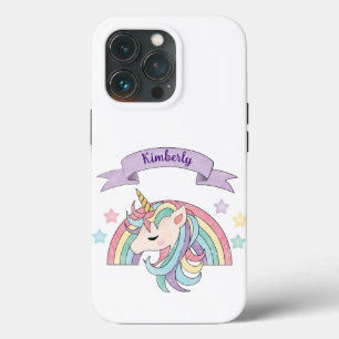 Funda Para iPhone 13 Pro Cute Pastel Unicornio y Arcoíris Brillante con Nom