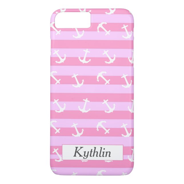Funda De Case-Mate Para iPhone Cute Patrón de Ancla Blanca Rayas Rosadas Monogram (Reverso)