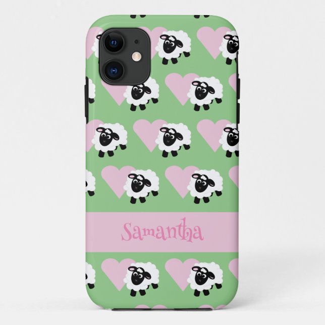Funda De Case-Mate Para iPhone Cute Personalizado Oveja Pink Heart Pattern Green (Reverso)