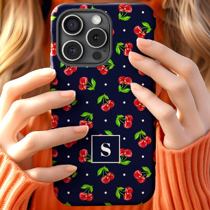 Funda Para iPhone 15 Cute Polka Dot Cherries En Monograma De La Marina