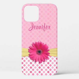 Funda Para iPhone 12 Cute rosa Gerbera Daisy Polka Dot